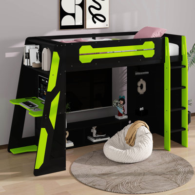 Lit mezzanine pour lit simple avec bureau et lumières RVB, lit mezzanine en bois avec tablettes de rangement et station de recharge pour les adolescents