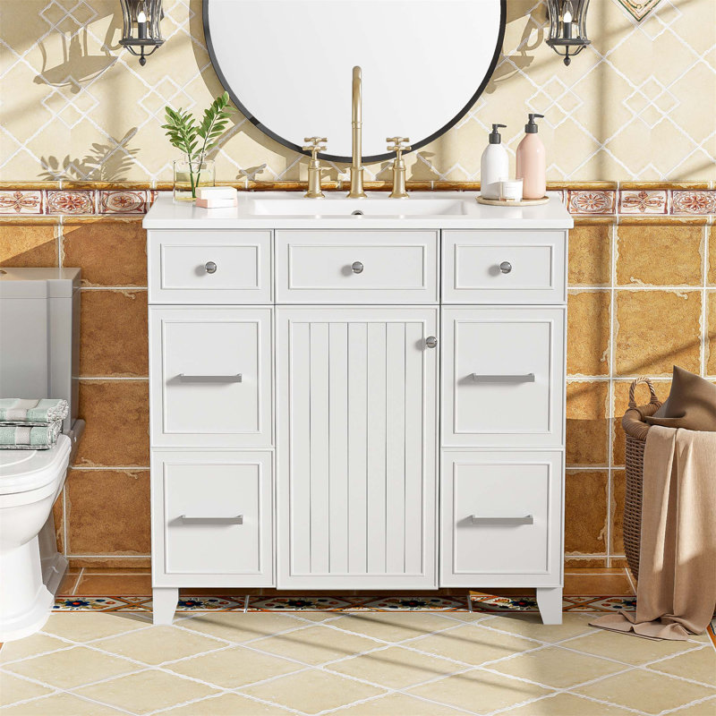 36-Inch White Bathroom Vanity With Ceramic Sink, Solid Wood Frame, Soft-Close Doors, And Ample Storage Solutions, Silver
