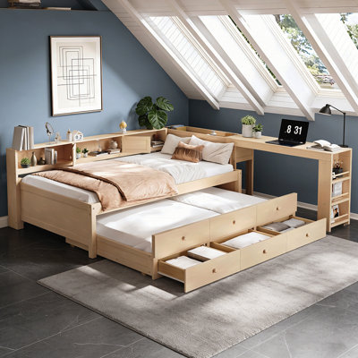 L-Shaped Daybed with Trundle, Storage Drawers, Side Shelves, and Integrated Desk for Space-Saving and Multifunctional Use