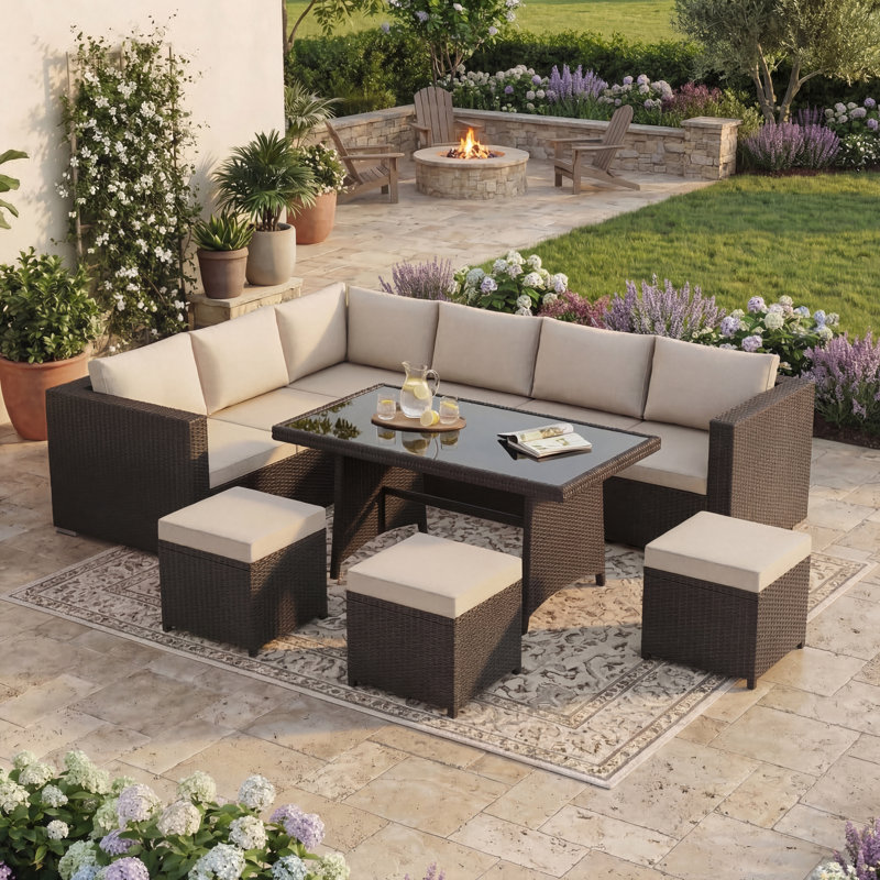 Prweitt Rattan 9 - Person Seating Group with Cushions, UKFR Certified, Brown