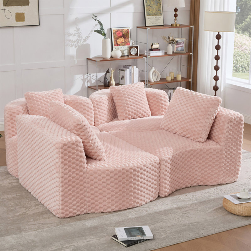 Canapé modulaire modulaire de 137,8 po sans os rembourré pour le salon, Polyester rose, Rose