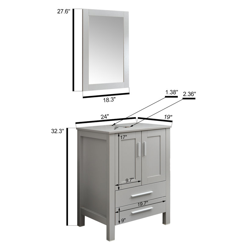 Rutland 24" Single Bathroom Vanity Set with Mirror with Sink, Chrome, Gray