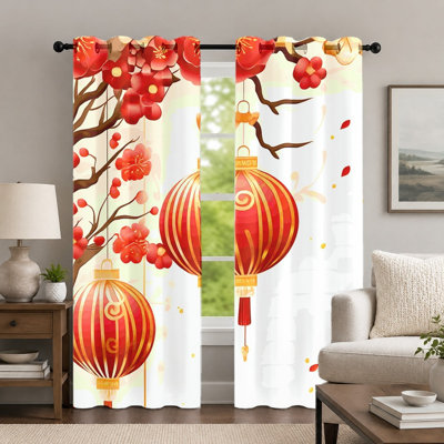 2Pcs Red Lantern and Plum Blossom Curtains, Traditional Oriental Style Curtain, Festive Floral Printed Art Grommet Drapes, Window Treatment for Bedroom Living Room Decor