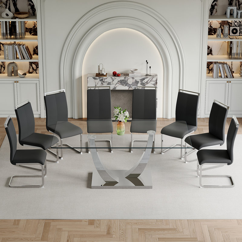 Glass Dining Table Set, Black, 9