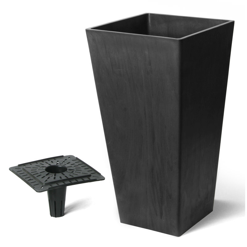 Cara Composite Pot Planter with Watering Tray, 19.3" H x 11" W x 11" D, Matte Black