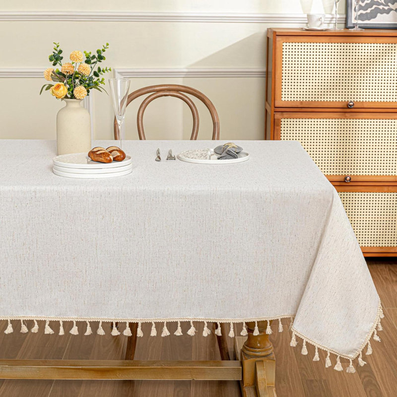 Nappe rectangulaire, nappe de maison de campagne en coton robuste à aspect lin imperméable, infroissable, pampilles pour la cuisine, les fêtes