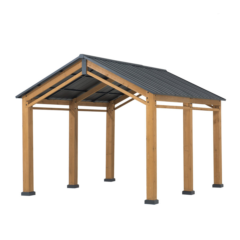 Abri d'auto de garage robuste à toit rigide en bois avec toit en acier et structure en bois pour abri de voiture avec toit en bois et toit en bois à pignon de 13 pi x 11 pi SUNJoy