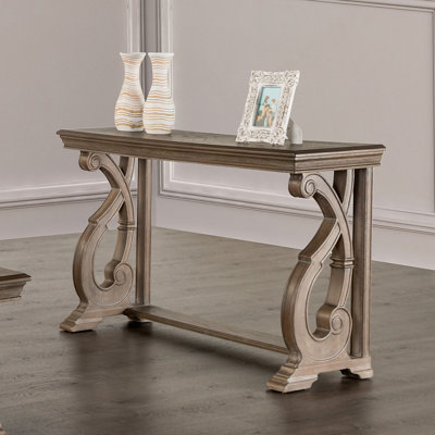 Traditional Style Solid Wood Sofa Table With Carved Scroll Legs And Weathered Oak Finish, Perfect For Elegant Living Rooms.