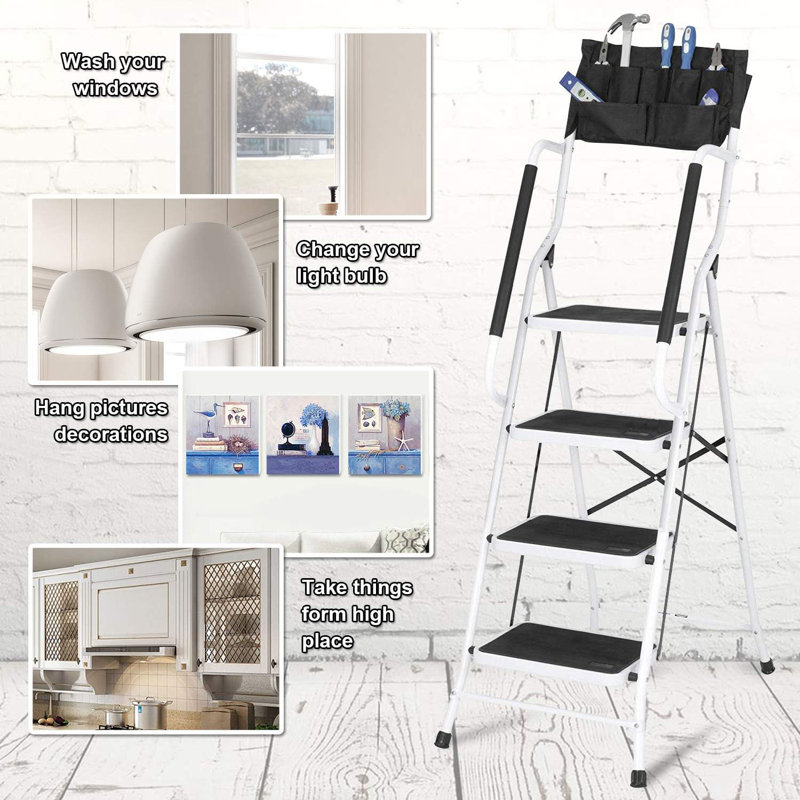 4 Step Ladder With Handrails 500 Lb Capacity Step Stool Folding Portable Ladders For Home Kitchen Steel Frame With Non-Slip Wide Pedal Stepladder With Attachable Tool Bag Black