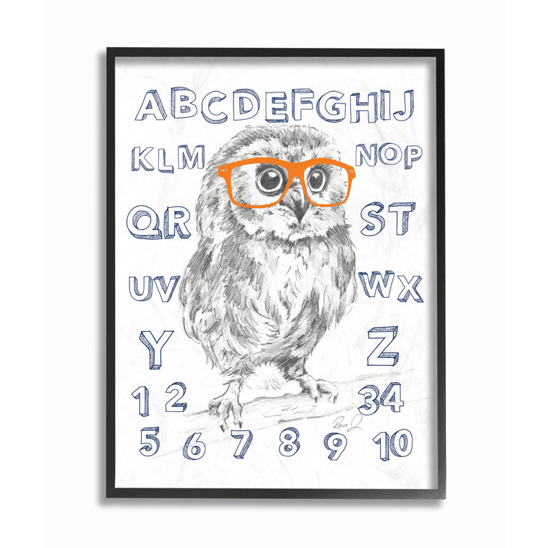 Boyd tonne, art hibou studious alphabet, Giclée encadrée noir minuit, H 11 po x l 14 po x P 1,5 po