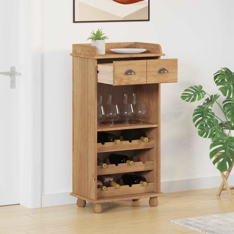 Wine Cabinet ASKIM Solid Pine Wood Storage Kitchen Rack Traditional Bar, Brown