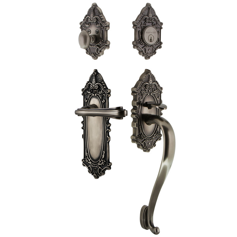 Nostalgic Warehouse Victorian Plate S Grip Handleset with Single Cylinder Deadbolt and Fleur Lever, Antique Pewter, Left