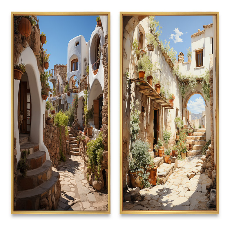 «Espagne village andalou» 2 pièces, H 20 po x l 24 po, Encadrement doré