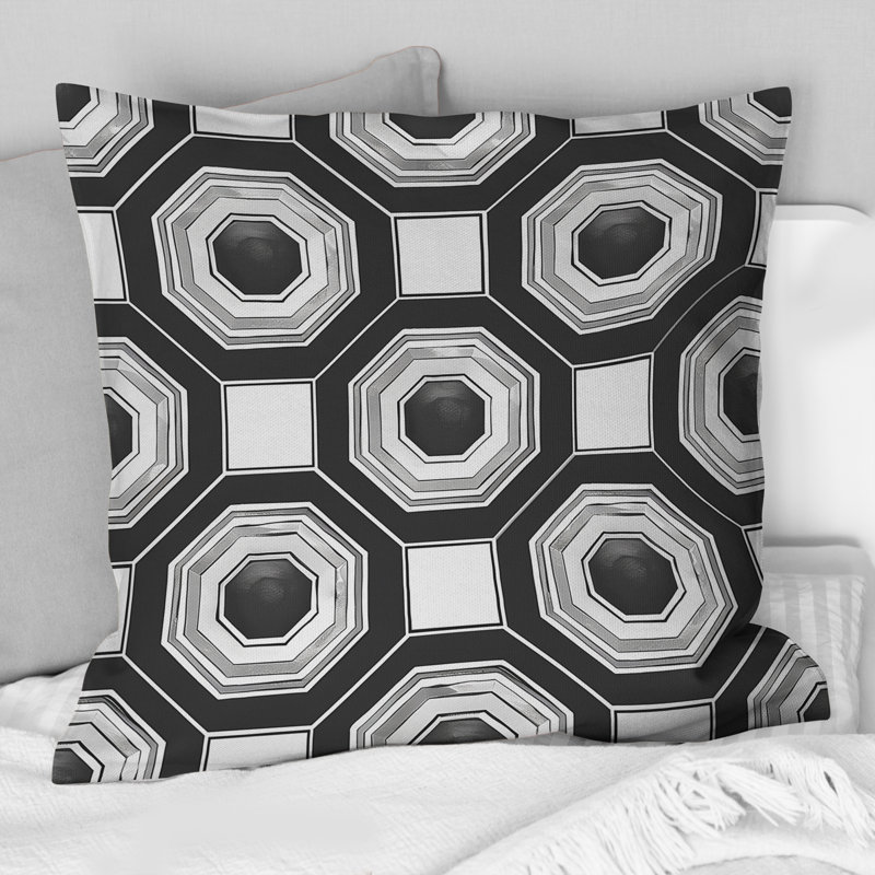 Coussin noir et blanc Hexagon IV - Mid-Century, H 16 po x l 16 po