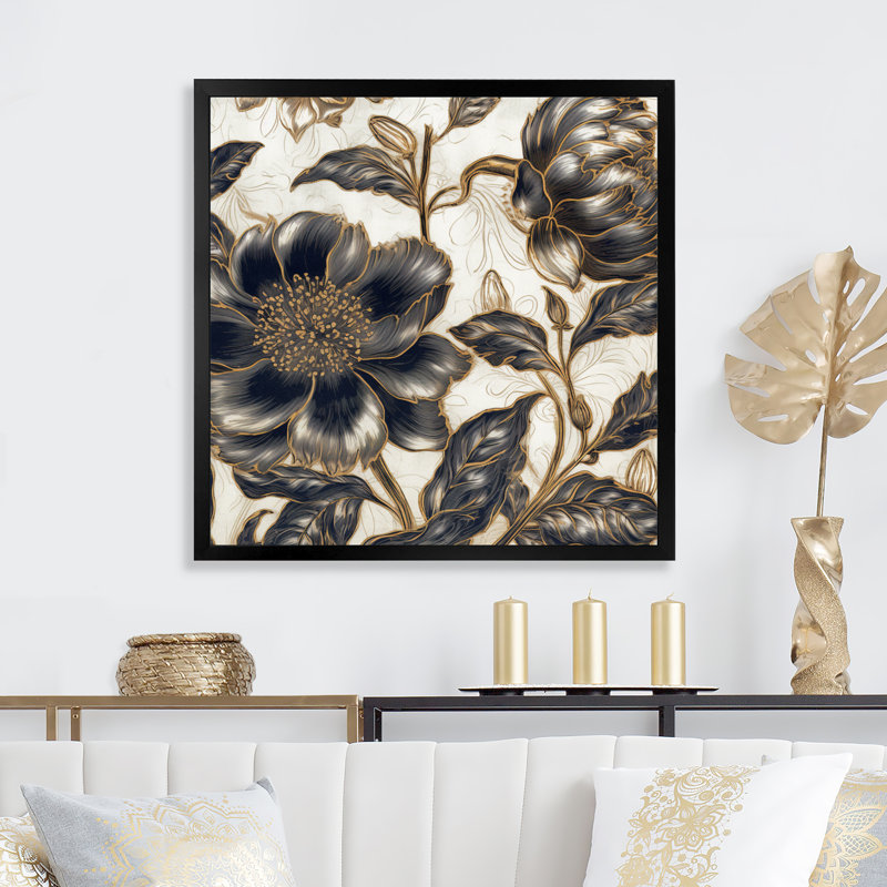 Pivoines bleues et dorées - impression, Cadre photo noir, H 16 po x l 16 po x P 1 po