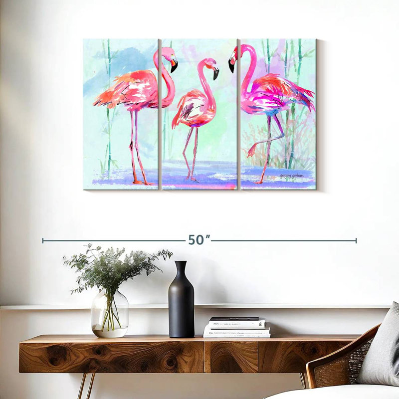 Pink Flamingo Trio On Blue, 24" H x 38" W