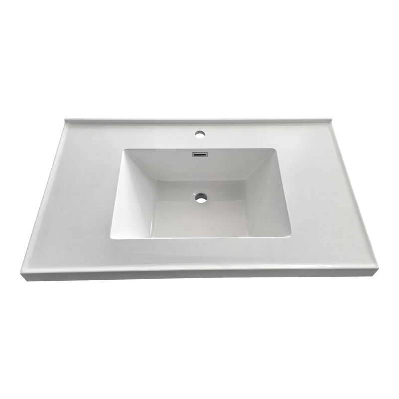 Plateau de meuble-lavabo simple à surface solide blanc lustré avec dosseret intégré Streamline GT-1248-24 l 24 po x P 22 po