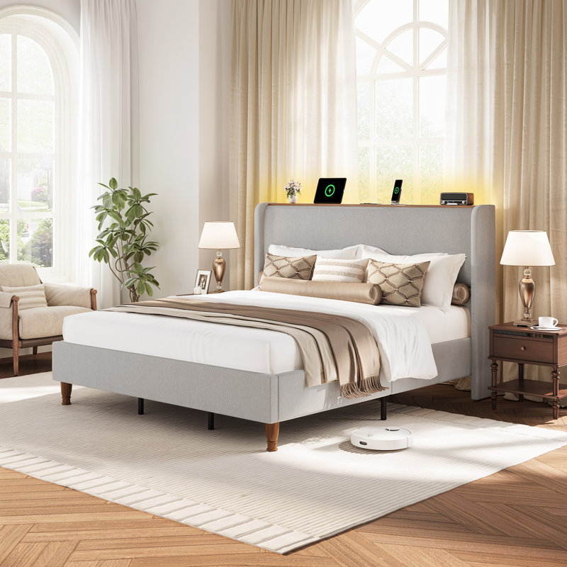 Upholstered Platform Bed With Led Lights & Charging Station, Gray, Queen