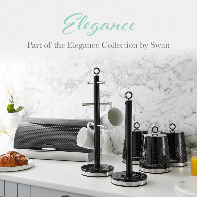 SWAN Elegance Towel Pole and 6 Cup Mug Tree Set with Textured Gloss Finish, Stainless Steel Accents and Non-Slip Bases, Black