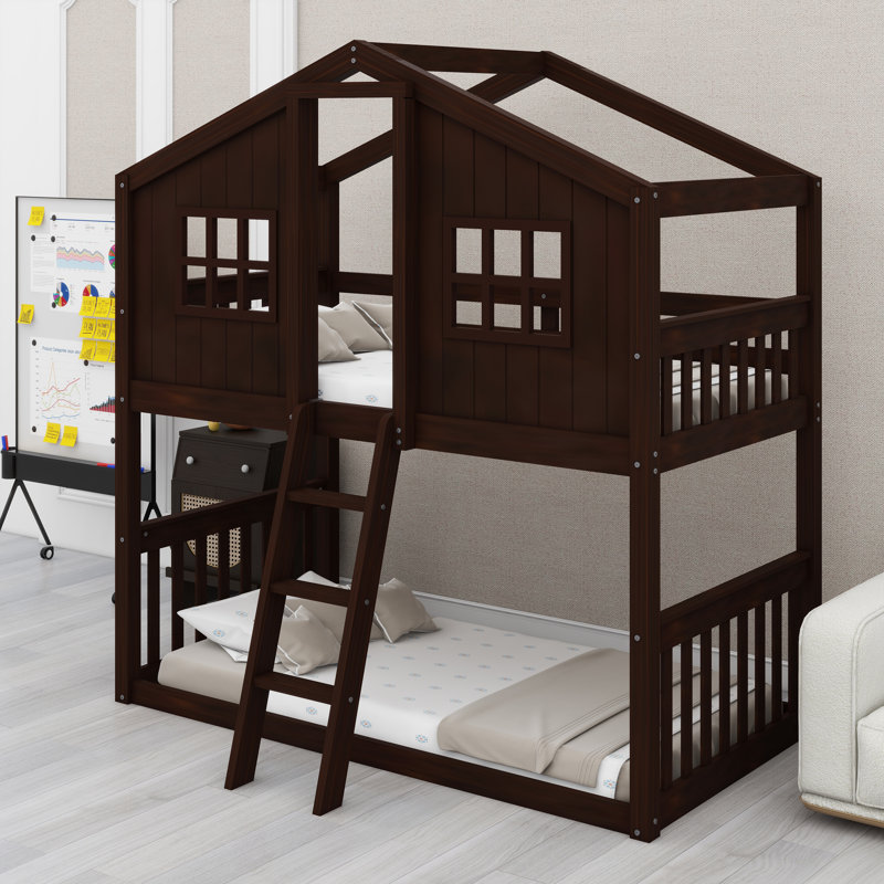 Cadre de lit superposé Kids House avec échelle attachée, Espresso