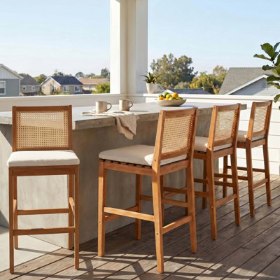 Tabourets de bar en bois d'acacia durable avec dossiers tissés et coussins moelleux pour les patios