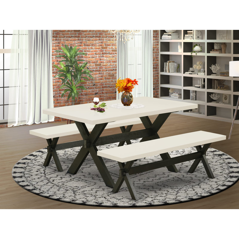 L'ensemble de table de salle à manger 3 pièces comprend une table de cuisine rectangulaire avec pieds en X et 2 bancs de salle à manger, finition noire brossée