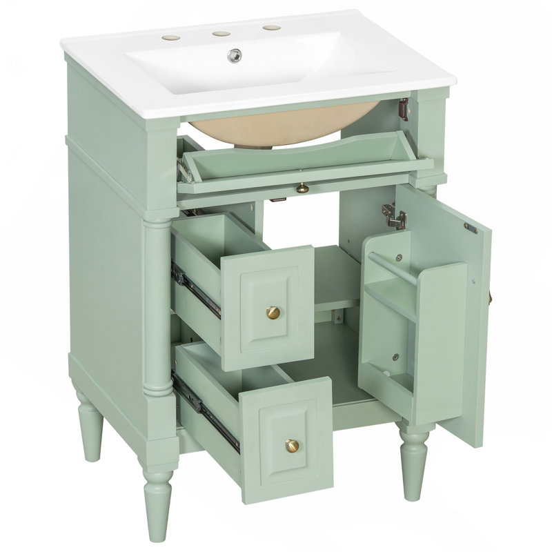 Meuble-lavabo autoportant vert 24 po avec lavabo, tiroir rabattable et tablette réglable, armoire en bois d'hévéa massif
