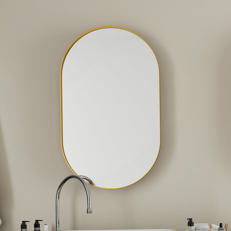 Armoire à pharmacie encastrée ovale 20 po x 34 po, armoire de salle de bain murale en métal avec miroir et tablettes réglables, miroir mural avec rangement pour salle de bain, or mat