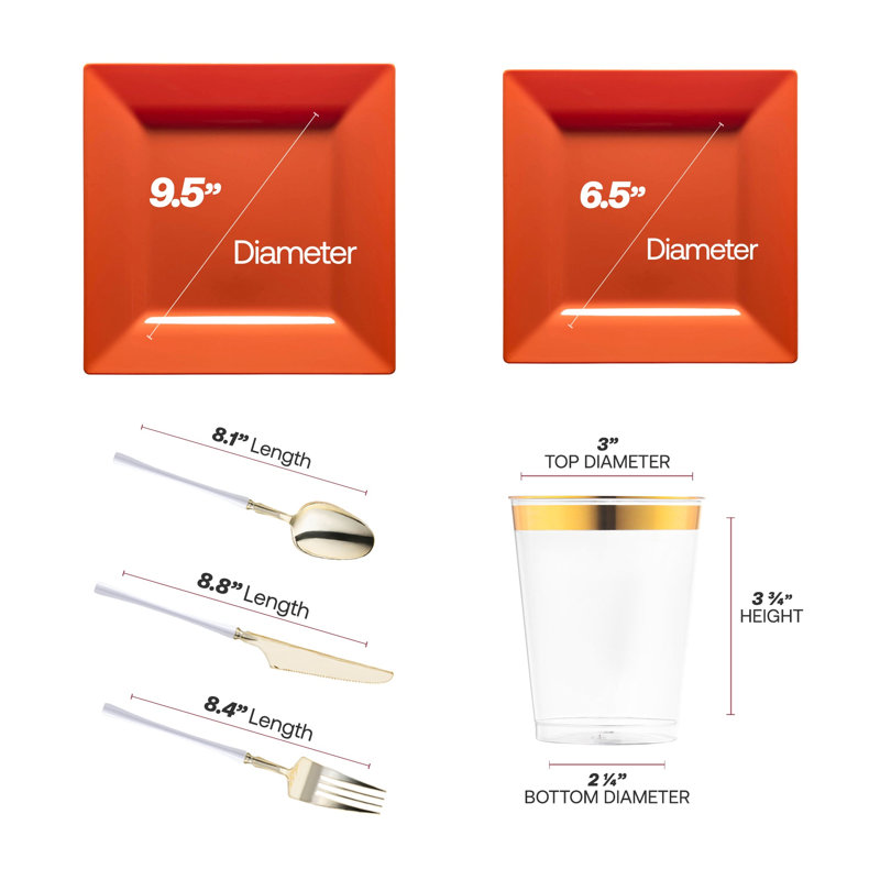 Burnt Orange Square Disposable Plastic Tableware Set - 120 Settings