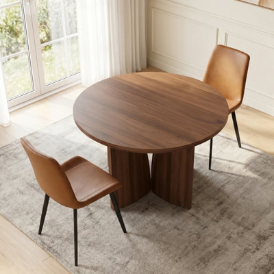 Ensemble de table et chaises de salle à manger rondes modernes 2 pièces, table de 100 cm (39,37 pouces) en MDF couleur noyer avec 2 chaises rembourrées, pieds en métal noir, mobilier de cuisine/salle à manger pour petits espaces