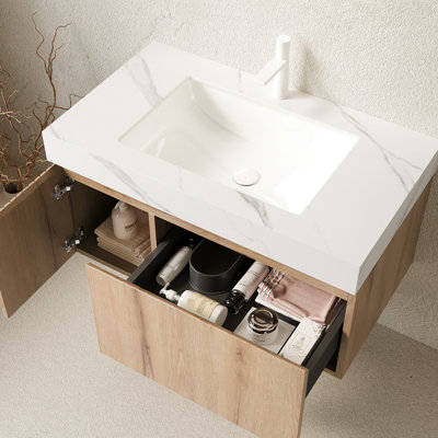 36" Bathroom Vanity With Ceramic Basin And White Sintered Stone, Plywood Cabinet, Drawer, Soft - Close System, Excellent Performance 36", Stone Basin, Cabinet Drawer Damper, Elegant Design