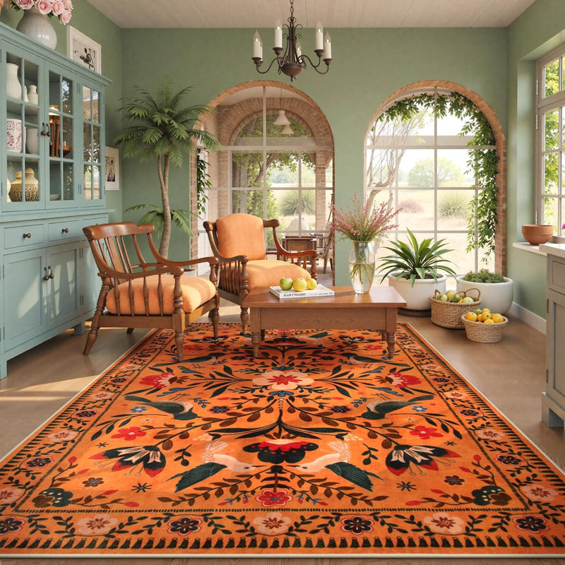  Goldene Boho Washable Botanical Orange Area Rugs for Living Room, Low-Pile Floral Rug with Non Slip Backing For Bedroom Dining Room