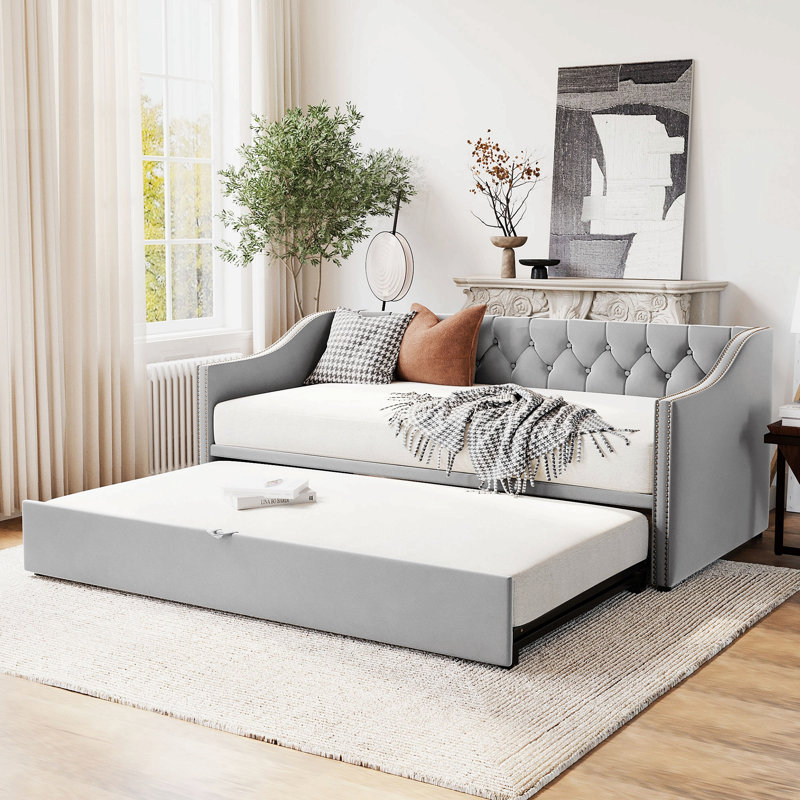 Twin Size Upholstered Daybed With Pop Up Trundle, Gray