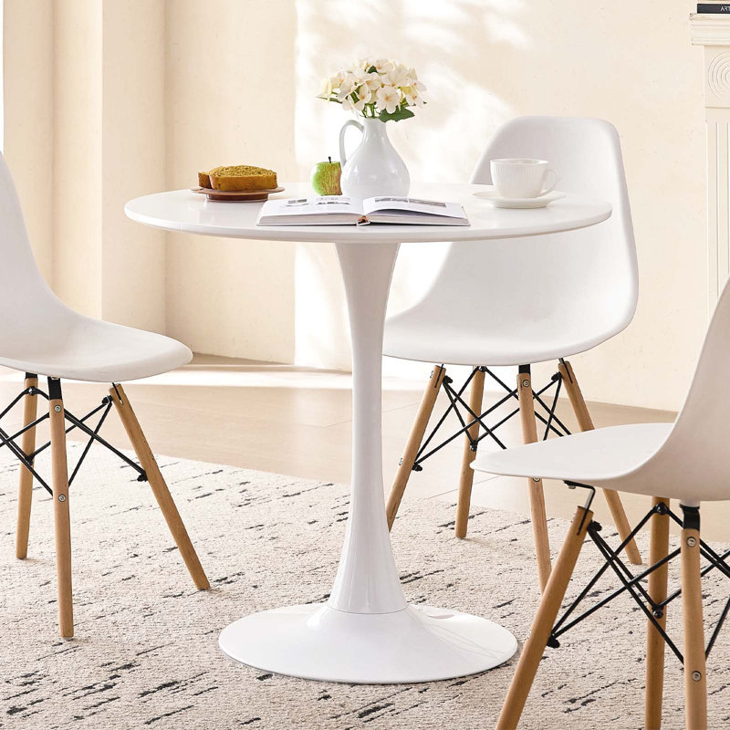 Ensemble de salle à manger moderne 5 pièces, table ronde tulipe de 80 cm avec 4 chaises, pied central en métal, chaises à assise en plastique et pieds en bois, blanc