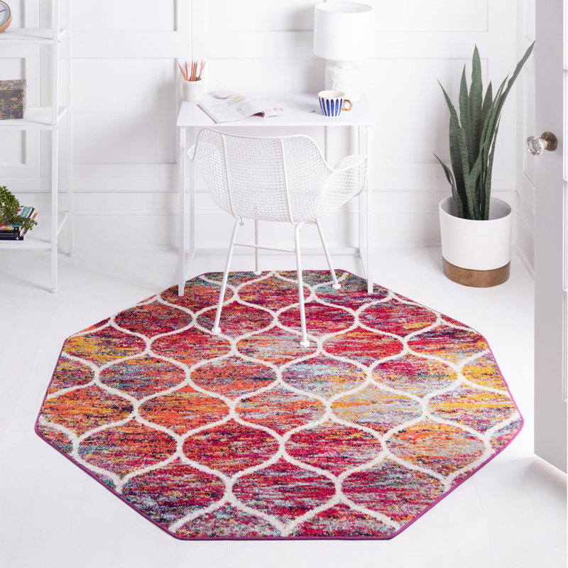 Tapis géométrique Llanet, Octogone 5 pi 3 po x 5 pi 3 po, Rouge multicolore