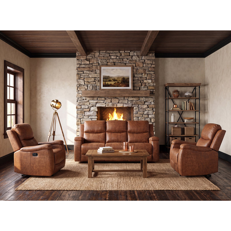 Ensemble de fauteuils inclinables manuels 3 pièces avec deux fauteuils et un canapé 3 places, porte-gobelets, Cognac