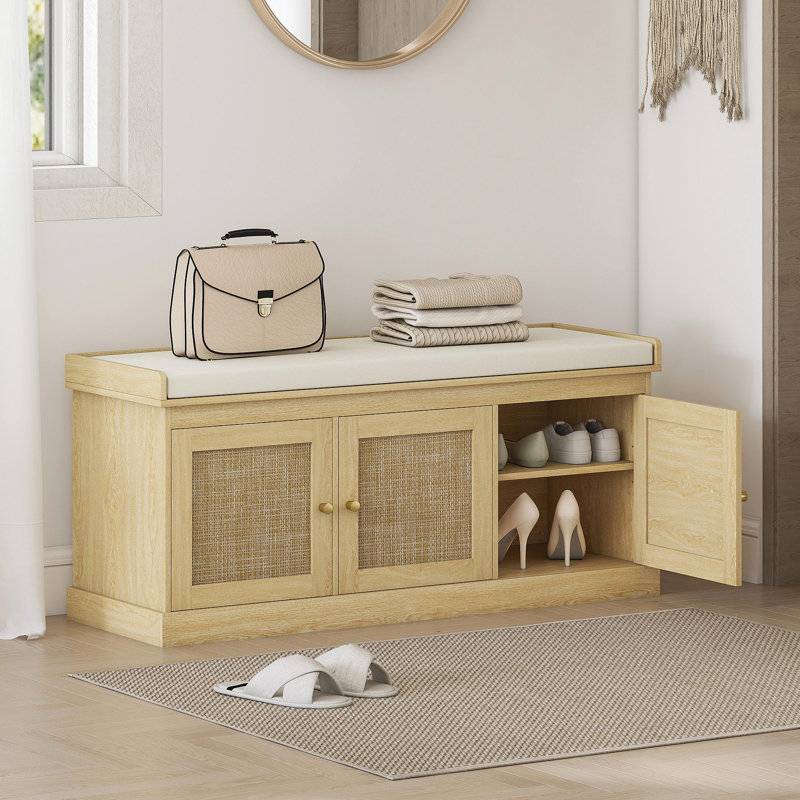 Banc de rangement à chaussures avec rotin tissé, banc à chaussures avec coussin, tablettes réglables, banc de vestibule