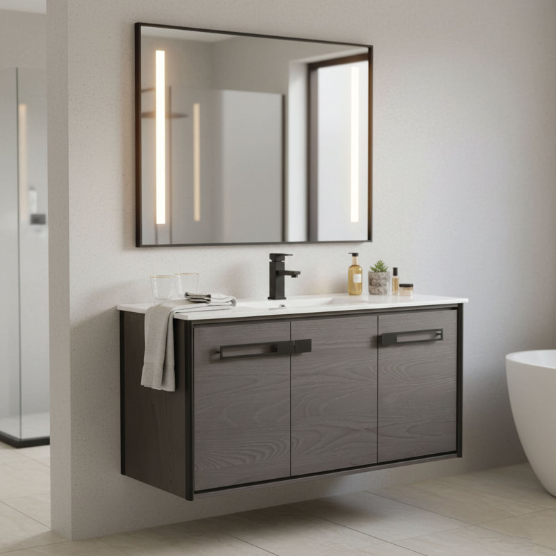 Meuble-lavabo simple l 48 po x P 18,31 po x H 23,25 po, Chêne noir, Noir mat