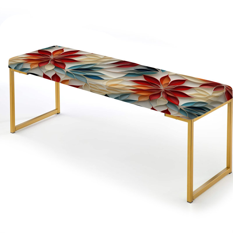 Red And Blue Zen Floral Mosaic - Botanical Upholstered Gold Bench