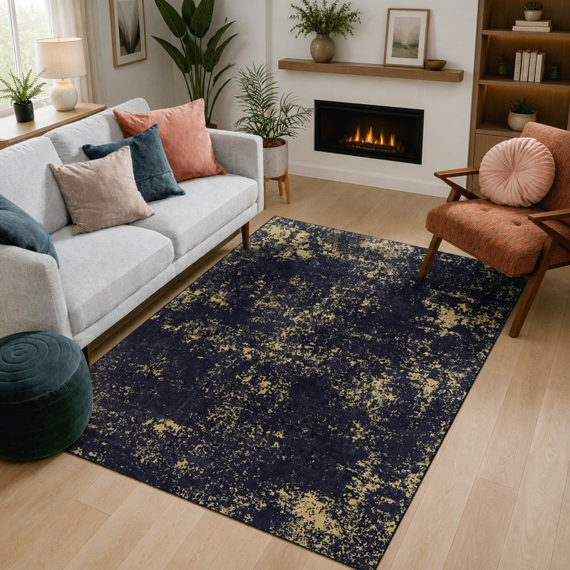 Tapis abstrait moderne de 90 x 150 cm, lavable à la machine, avec envers antidérapant en TPR, résistant aux taches, à poils courts, idéal pour le salon et la chambre, noir et or.