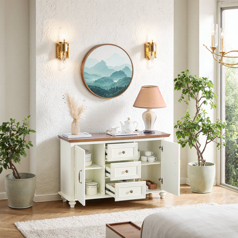 Buffet avec 2 portes et 3 tiroirs, console de rangement en bois, Brun / blanc