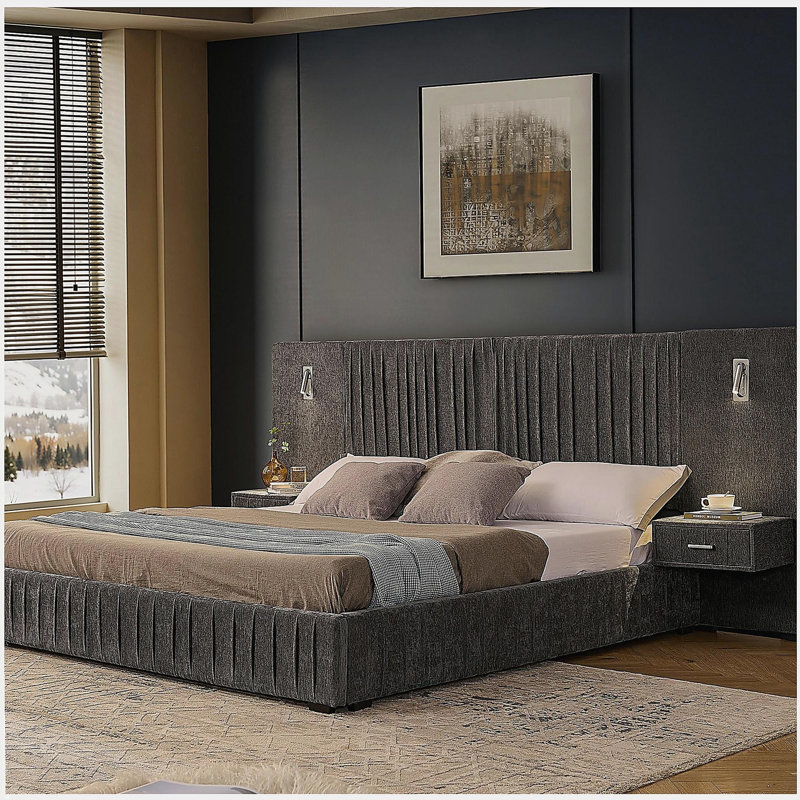 Structure de lit tapissier très grand avec tissu en chenille à motif plissé, lit plateforme très grand avec tête de lit et structure solide et table de chevet. Pas de sommier nécessaire - GRIS FONCÉ