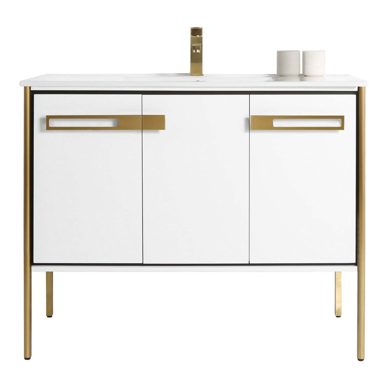 Meuble-lavabo simple 42 po, Blanc mat, Laiton satiné