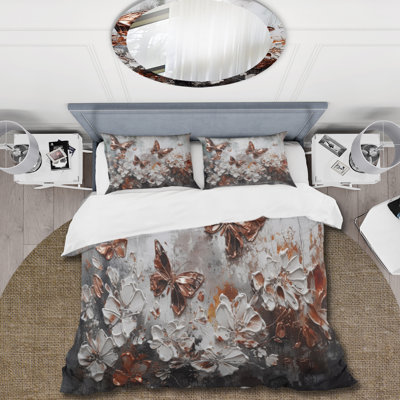 Rose Gold Butterfly Wings And Flowers IV - Floral Duvet Cover Set - Microfiber Polyester