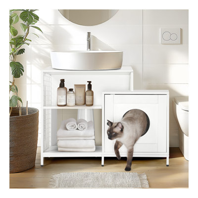 Enceinte de litière pour chat pour salle de bain, toilette cachée pour litière avec cloison, maisonnette d'intérieur pour grands chats, blanc