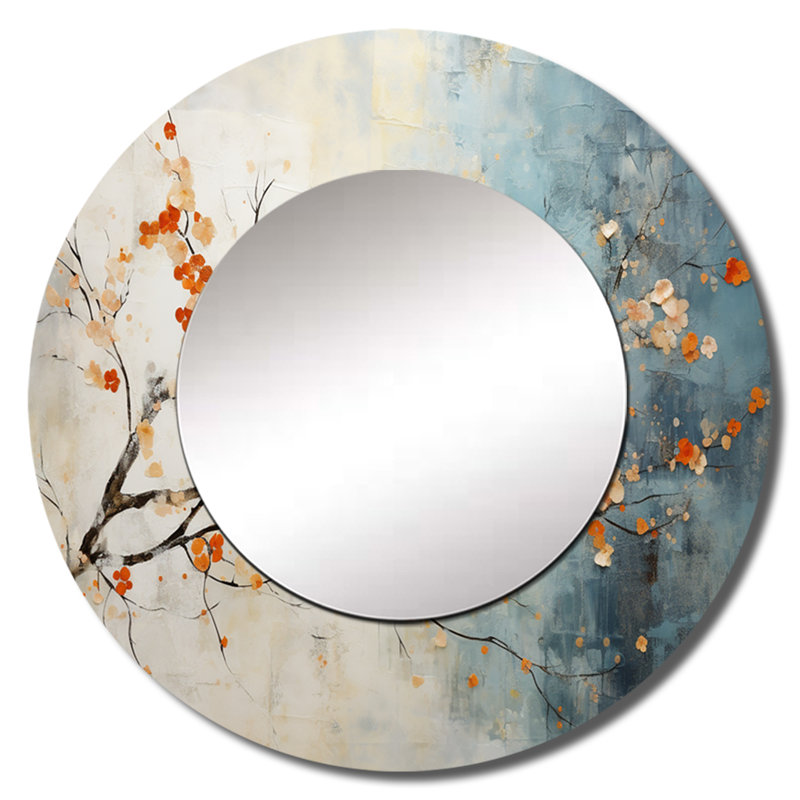 Orange érable bleu sarcelle brillant incandescent V - érable unique miroir mural, miroir rond orange, impression d'art en métal