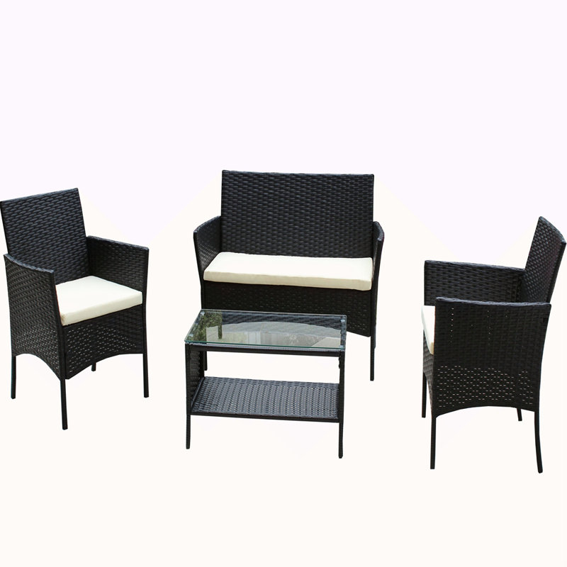 4 PC Rattan Patio Furniture Set Outdoor Patio Cushioned Seat Wicker Sofa, Beige