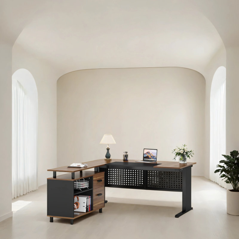 Bureau en L avec classeur, Noir / brun