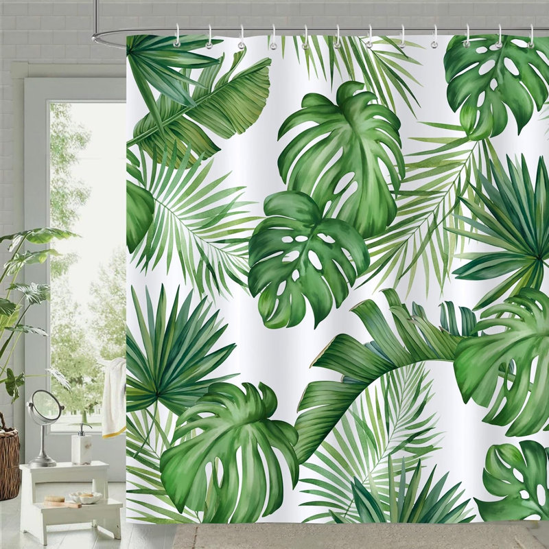 180×180cm Tropical Palm Leaf Shower Curtain, Waterproof Anti-Mildew Polyester Curtain with 12 Hooks, Tropical Leaves-2 Floral
