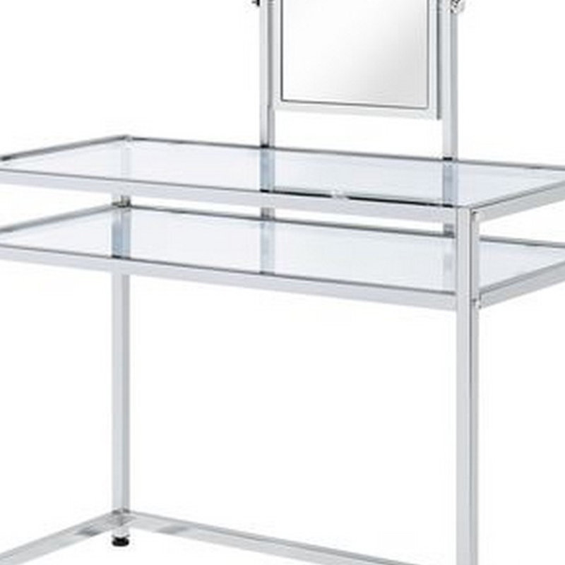 Jolien Glass Rectangular Vanity Set with Stool and Mirror in Chrome